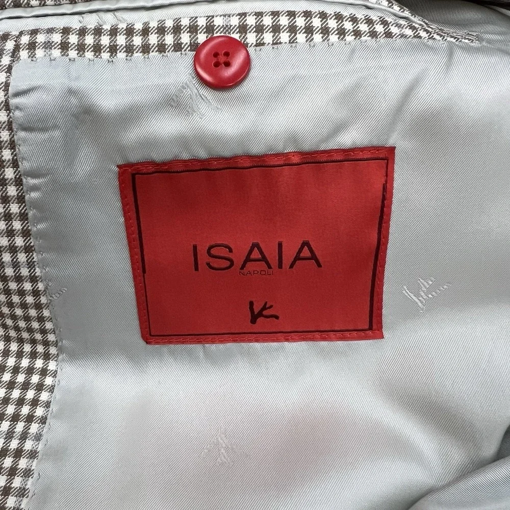 Isaia Napoli Wool Linen Blazer Jacket Sport Coat Mens 44L Long Beige/Brown/Blue